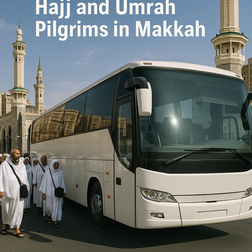 Hajj and Umrah pilgrims in white near a bus with mosque minarets in Makkah, representing reliable and safe transportation.